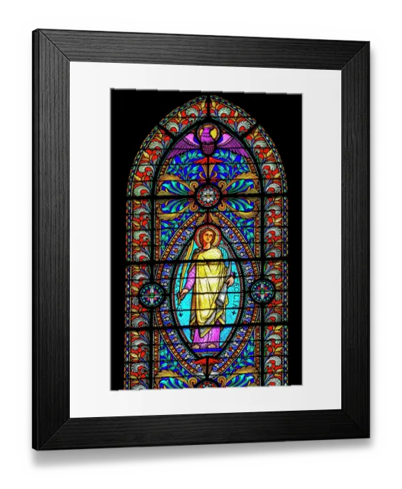 Framed Print : Saint Cecilia colorful stained glass, Basilica of Notre Dame de Fourviere, Lyon, France. Built from 1872 to 1896. Dedicated to Virgin Mary. Cecilia is Roman martyr killed in 230 AD and patron saint of music. (Editorial Use Only)