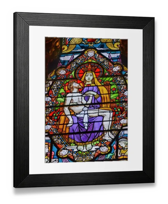 Framed Print : Pieta Virgin Mary Crucified Jesus colorful stained glass, Basilica of Notre Dame de Fourviere, Lyon, France. Built from 1872 to 1896. Dedicated to Virgin Mary. (Editorial Use Only) Framed Print : Pieta Virgin Mary Crucified Jesus colorful stained glass, Basilica of Notre Dame de Fourviere, Lyon, France. Built from 1872 to 1896. Dedicated to Virgin Mary. (Editorial Use Only)