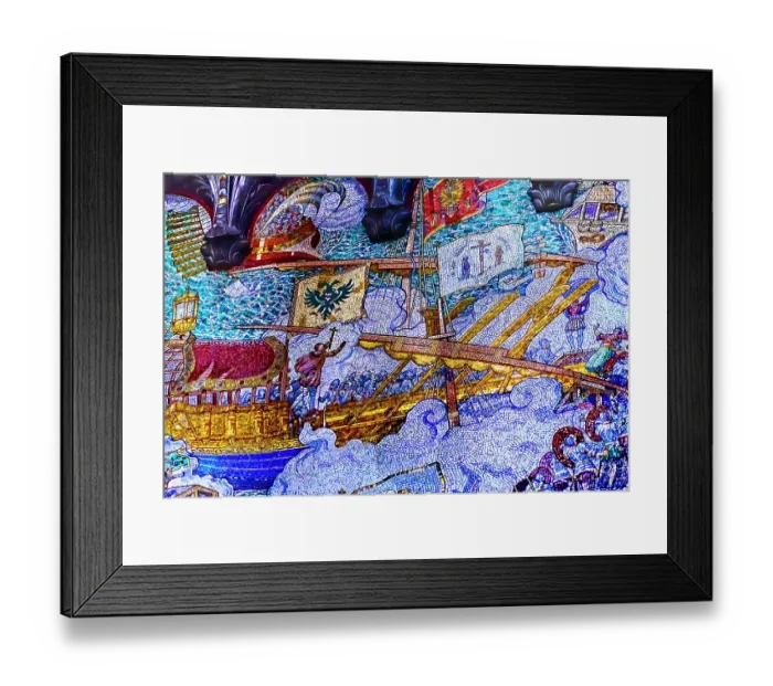 Framed Print : Colorful Gilded Battle of Lepanto mosaic, Basilica of Notre Dame de Fourviere, Lyon, France. Lepanto 1571 Pope and Christians defeated Turks in Greece. Church built from 1872 to 1896. (Editorial Use Only)