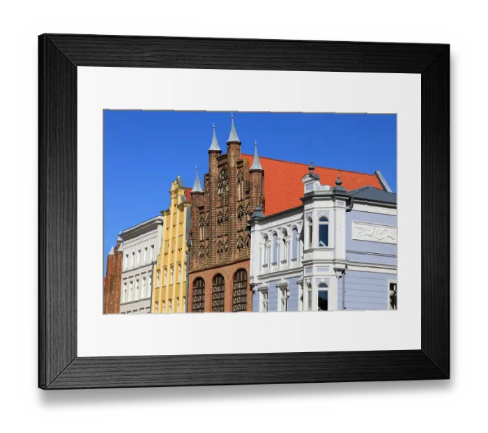 Framed Print : Germany, Mecklenburg-Vorpommern, Stralsund. Hanseatic style brick house among others of varying architectural styles