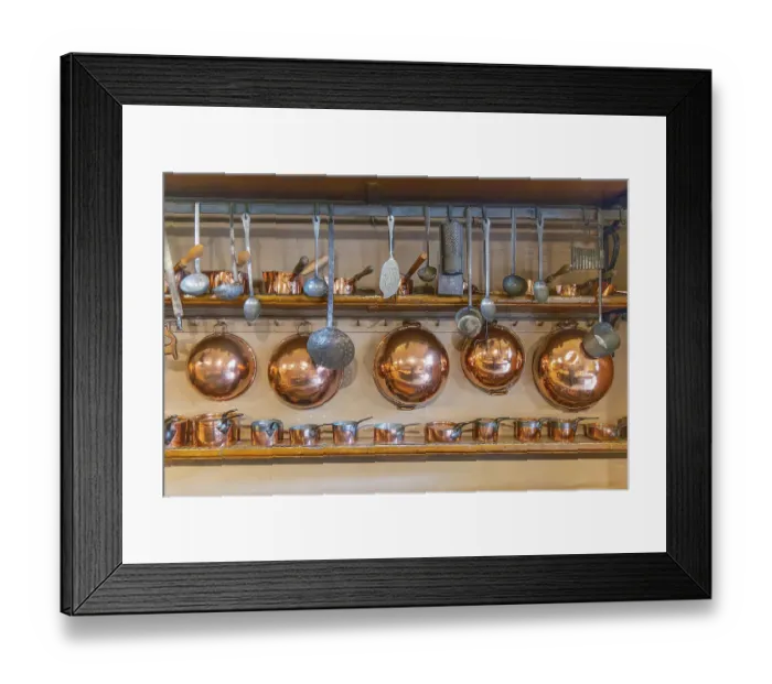 Framed Print : Harewood, Leeds, West Yorkshire, England, Great Briton, United Kingdom. May 2, 2022. Kitchen wares and copper pots in Harewood House, an 18th Century Treasure House. Editorial Use Only