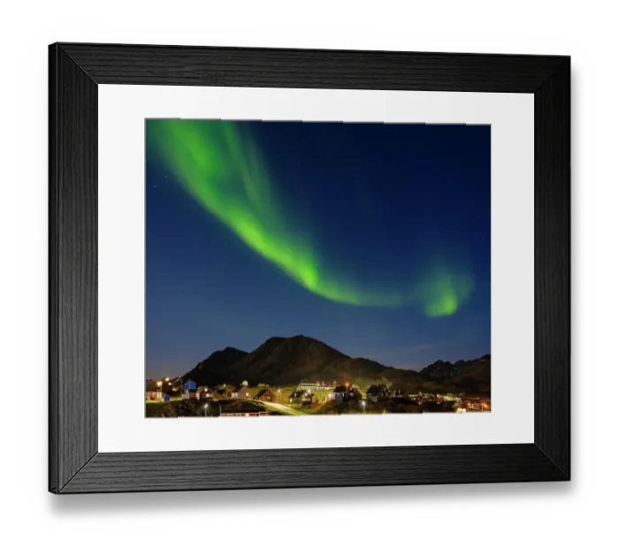 Framed Print : Aurora over the town. Town Tasiilaq (former Ammassalik), the biggest town in Greenland, Danish Territory, autumn Framed Print : Aurora over the town. Town Tasiilaq (former Ammassalik), the biggest town in Greenland, Danish Territory, autumn