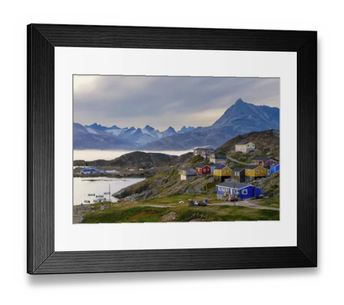 Framed Print : Settlement Kuummiit (former Kummiut). Ammassalik area in Greenland, Tasiilaq, Danish Territory, autumn