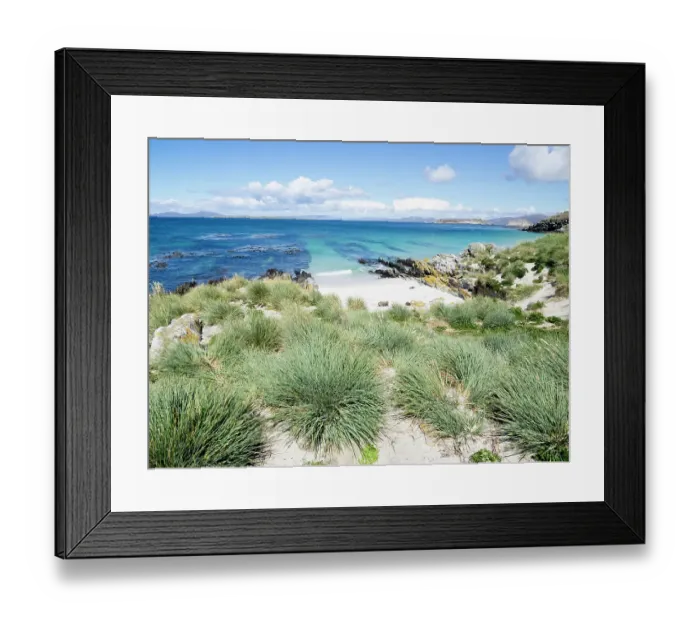 Framed Print : Falkland Islands, Carcass Island. Rocks and tussock grass along with bits of white sand line the lagoon Framed Print : Falkland Islands, Carcass Island. Rocks and tussock grass along with bits of white sand line the lagoon