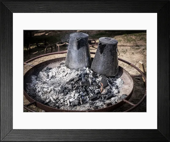 Framed Print : Still-life of two coffee pots keeping warm in the ashes of a fire Framed Print : Still-life of two coffee pots keeping warm in the ashes of a fire