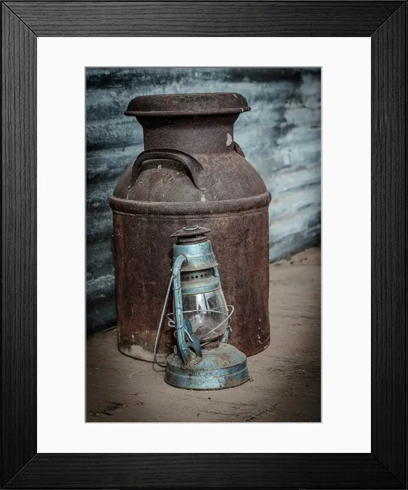 Framed Print : Still-life on a ranch. Milk can and lantern Framed Print : Still-life on a ranch. Milk can and lantern