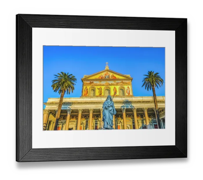 Framed Print : Saint Paul statue facade, Papal Basilica of Saint Paul, Rome, Italy. One of 4 Papal basilicas, established over Saint Paul's burial place in 324 by Emperor Constantine Framed Print : Saint Paul statue facade, Papal Basilica of Saint Paul, Rome, Italy. One of 4 Papal basilicas, established over Saint Paul's burial place in 324 by Emperor Constantine