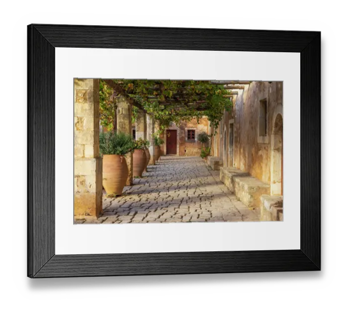 Framed Print : Greece, Crete, Rethymno. Venetian Baroque, 16th century Eastern Orthodox Monastery. The Holy Monastery of Arkadi. Cloister with grape arbor Framed Print : Greece, Crete, Rethymno. Venetian Baroque, 16th century Eastern Orthodox Monastery. The Holy Monastery of Arkadi. Cloister with grape arbor