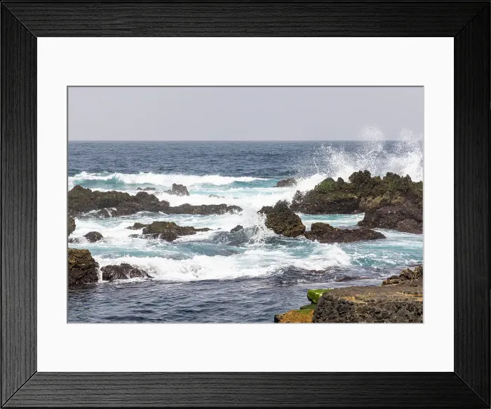 Framed Print : Biscoitos, Terceira Island, Azores, Portugal. Surf crashing on lava rocks