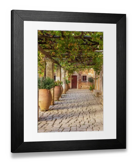 Framed Print : Greece, Crete, Rethymno. Venetian Baroque, 16th century Eastern Orthodox Monastery. The Holy Monastery of Arkadi. Cloister with grape arbor Framed Print : Greece, Crete, Rethymno. Venetian Baroque, 16th century Eastern Orthodox Monastery. The Holy Monastery of Arkadi. Cloister with grape arbor
