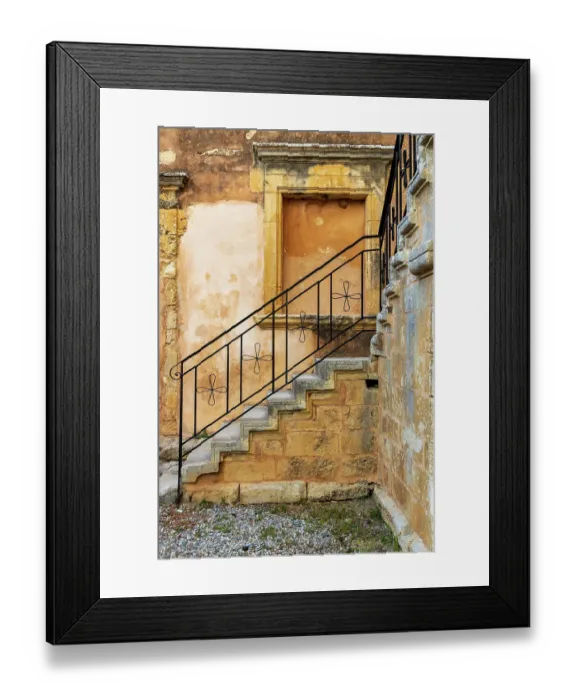 Framed Print : Greece, Crete, Rethymno. Venetian Baroque, 16th century Eastern Orthodox Monastery. The Holy Monastery of Arkadi. Stone stairway