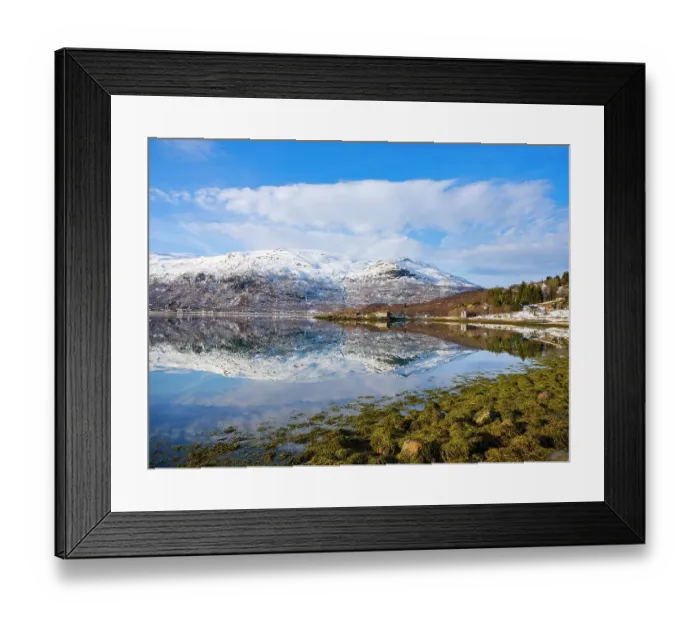 Framed Print : Landscape at Salangen Fjord near Loksebotn in northern Norway during winter