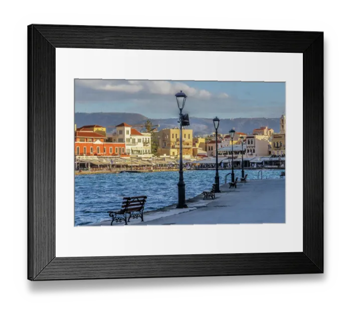 Framed Print : Europe, Greece, Crete, Chania, old town. View of the Venetian port, or harbor, surrounded by cafes and streetlights Framed Print : Europe, Greece, Crete, Chania, old town. View of the Venetian port, or harbor, surrounded by cafes and streetlights