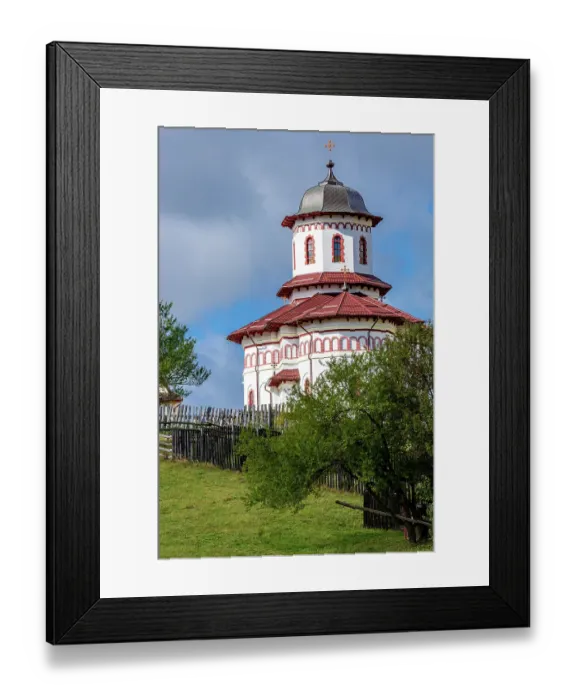 Framed Print : Romania, Transylvania, Carpathian Mountains. Hiking trails, fields. Village church Framed Print : Romania, Transylvania, Carpathian Mountains. Hiking trails, fields. Village church