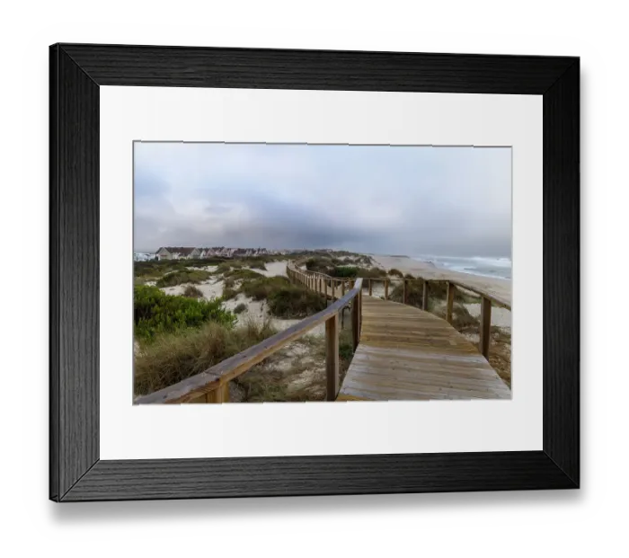 Framed Print : Boardwalk along the sand dunes at Cost Nova, Portugal