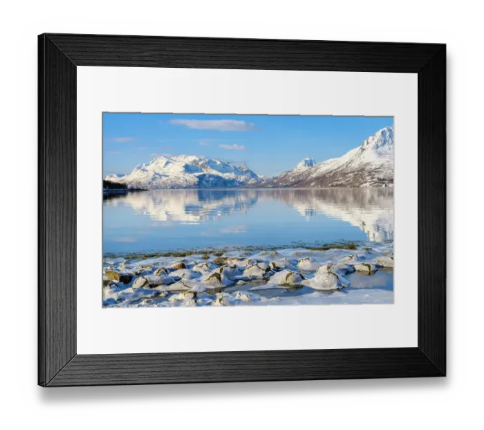 Framed Print : Landscape at Salangen Fjord near Loksebotn in northern Norway during winter, in the background the island Andorja Framed Print : Landscape at Salangen Fjord near Loksebotn in northern Norway during winter, in the background the island Andorja