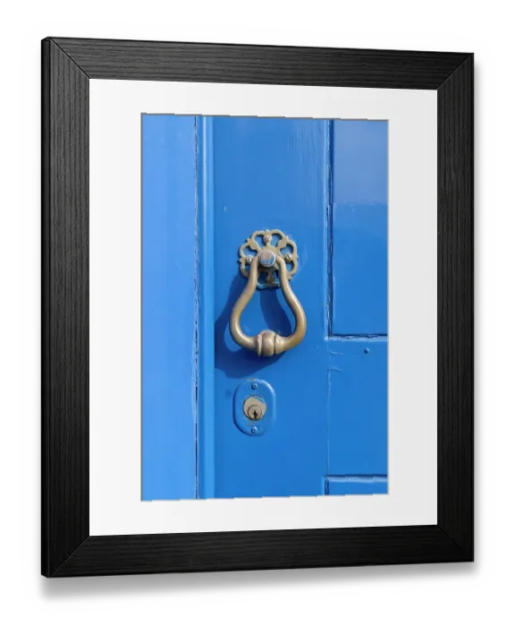 Framed Print : Angra do Heroismo, Terceira Island, Azores, Portugal. Brass knocker on a blue painted door