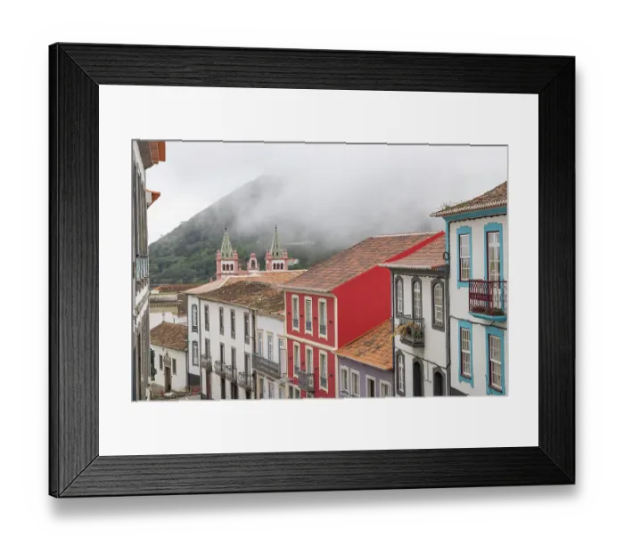 Framed Print : Terceira Island, Azores, Portugal. Colorful buildings and church in Angra do Heroismo Framed Print : Terceira Island, Azores, Portugal. Colorful buildings and church in Angra do Heroismo