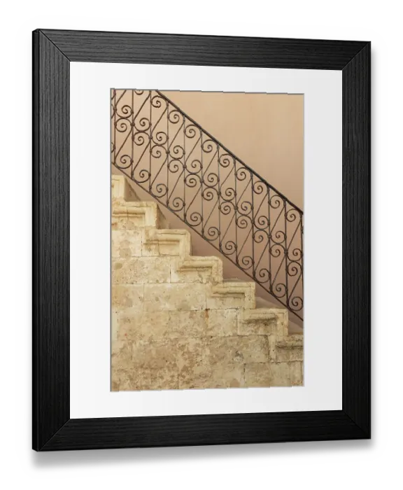 Framed Print : Stone staircase with ornate wrought iron balustrade. Greece, Crete, Chania