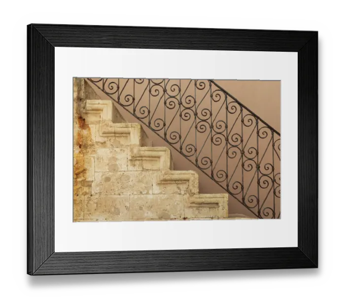 Framed Print : Stone staircase with ornate wrought iron balustrade. Greece, Crete, Chania Framed Print : Stone staircase with ornate wrought iron balustrade. Greece, Crete, Chania