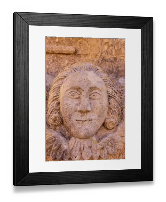 Framed Print : Greece, Crete, Akrotiri. Agia Triada (Holy Trinity) Monastery. Face carved in stone Framed Print : Greece, Crete, Akrotiri. Agia Triada (Holy Trinity) Monastery. Face carved in stone