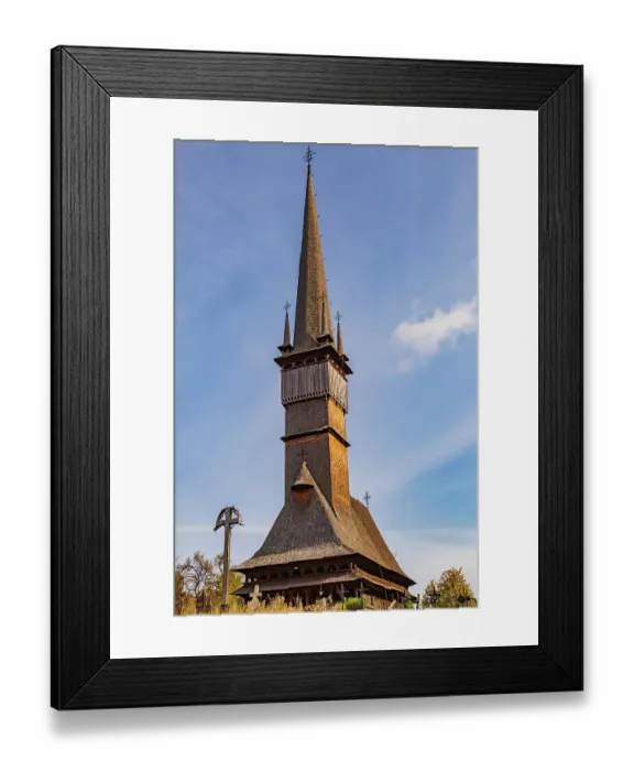 Framed Print : Romania, Maramures County, Surdesti. Eastern Orthodox, church of Lemn. Historical wooden churches. Spire and steeple
