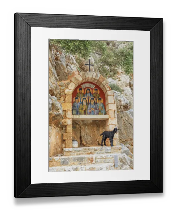 Framed Print : Greece, Crete, Chania. 15th century Greek Orthodox monastery of St. John the Hermit. Cave entrance and goat Framed Print : Greece, Crete, Chania. 15th century Greek Orthodox monastery of St. John the Hermit. Cave entrance and goat