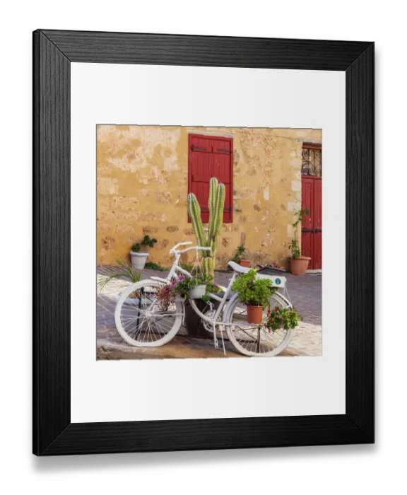 Framed Print : Greece, Crete, Chania, Old Town. White bicycle and cactus