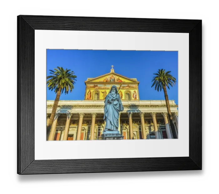 Framed Print : Saint Paul statue facade, Papal Basilica of Saint Paul, Rome, Italy. One of 4 Papal basilicas, established over Saint Paul's burial place in 324 by Emperor Constantine
