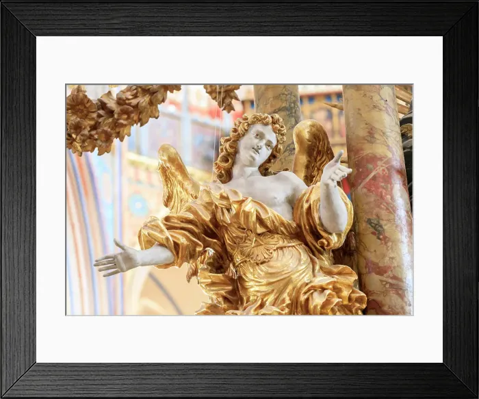 Framed Print : Germany, Mecklenburg-Vorpommern, Stralsund interior of St. Nicholas Kirche, church. Northern French Basilica style. Choir screen detail. Angel. (Editorial Use Only)
