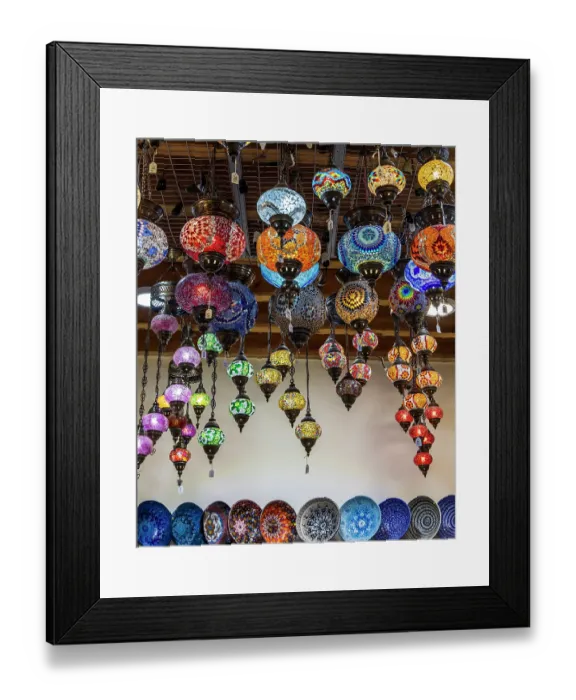 Framed Print : Greece, Crete, Chania, Old Town. Tourist Souvenirs. Colored glass lamps and colorful bowls