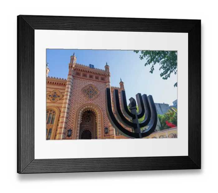 Framed Print : Romania, Bucharest. Choral Temple, Copy of Vienna's Great Synagogue. Menorah sculpture in front Framed Print : Romania, Bucharest. Choral Temple, Copy of Vienna's Great Synagogue. Menorah sculpture in front
