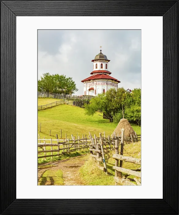 Framed Print : Romania, Transylvania, Carpathian Mountains. Hiking trails, fields. Village church Framed Print : Romania, Transylvania, Carpathian Mountains. Hiking trails, fields. Village church