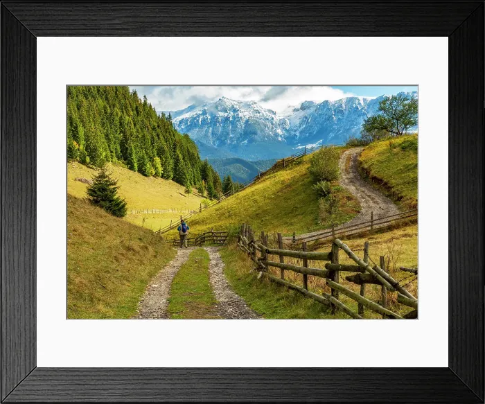 Framed Print : Romania, Transylvania, Carpathian Mountains. Hiking trails, fields