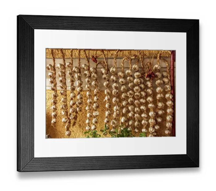 Framed Print : Romania, Carpathian Mountains, Prahova County, Sinaia. Braids of Garlic drying