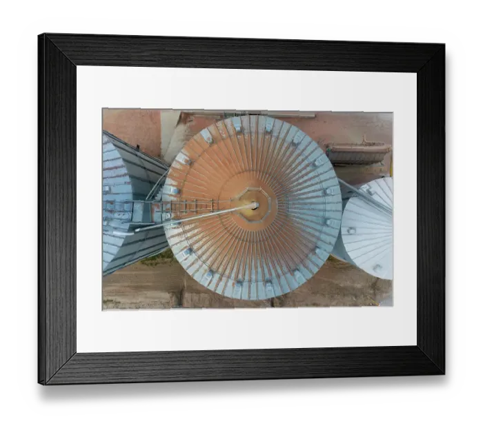 Framed Print : Aerial view of a grain bin with corn dust, Marion County, Illinois
