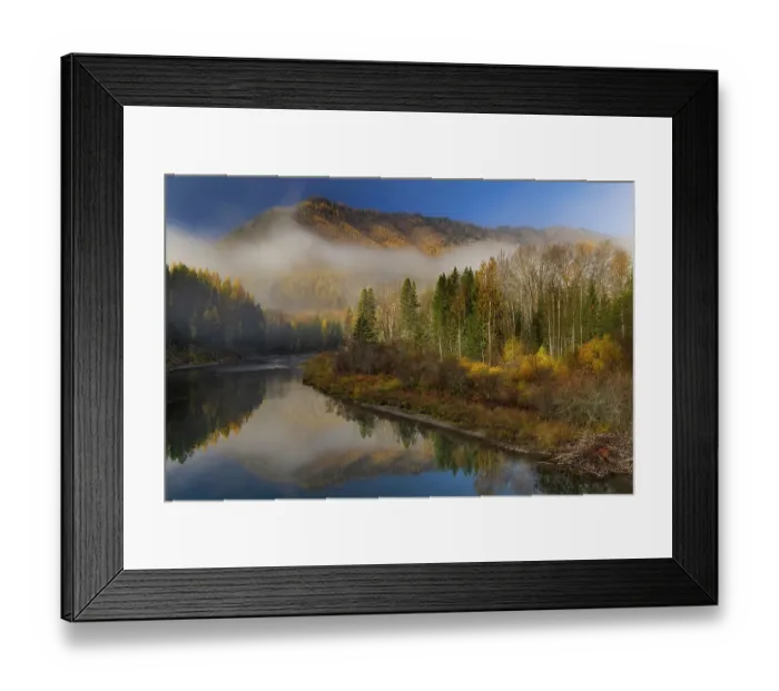 Framed Print : Foggy autumn sunrise light on McDonald Creek and Apgar Mountain in Glacier National Park, Montana, USA