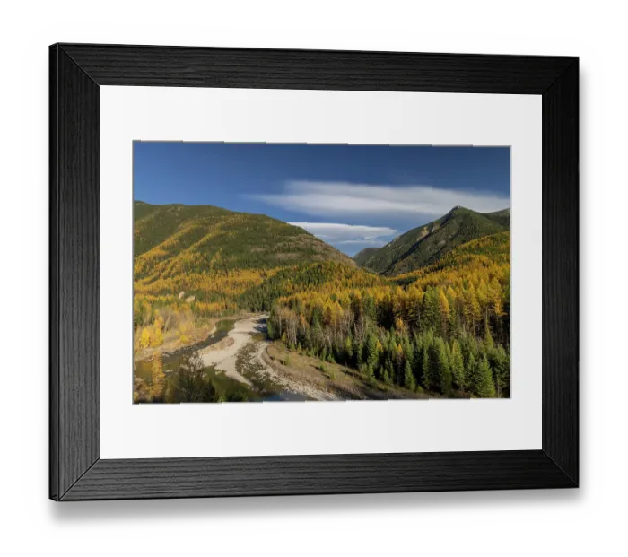 Framed Print : Middle Fork Flathead River with Scalplock Mountain in autumn in Glacier National Park, Montana, USA