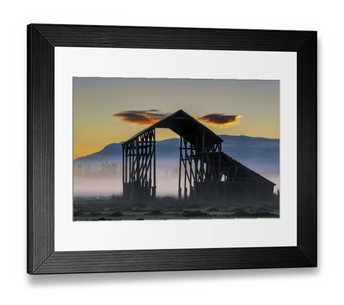 Framed Print : Old hay shed with fresh cut hay on a foggy morning in Whitefish, Montana, USA