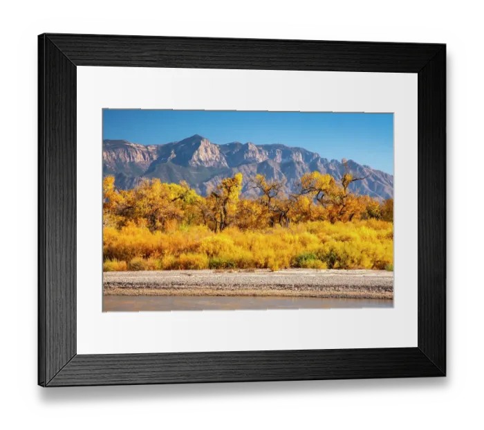 Framed Print : USA, New Mexico. Rio Grande River and Sandia Mountains in autumn. ©Cathy & Gordon Illg  /  Jaynes Gallery  /  DanitaDelimont.com