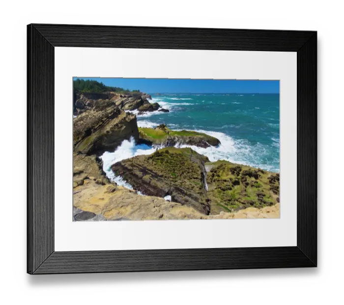 Framed Print : Cape Arago State Park, Coos County, Oregon, USA. Pacific Ocean meets rocks on the rugged coastline