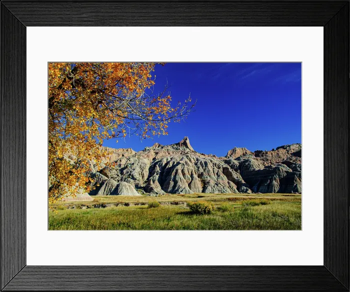 Framed Print : USA, South Dakota, Wall, Badlands National Park, Buttes framed by Fall Colorful Trees