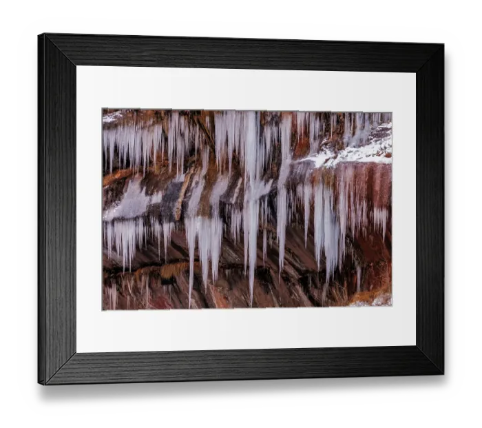 Framed Print : Icicles hang on red rock in Zion National Park, Utah, USA