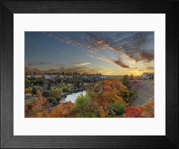 Framed Print : Sunset skies over autumn color along the Spokane River in Spokane, Washington State, USA Framed Print : Sunset skies over autumn color along the Spokane River in Spokane, Washington State, USA