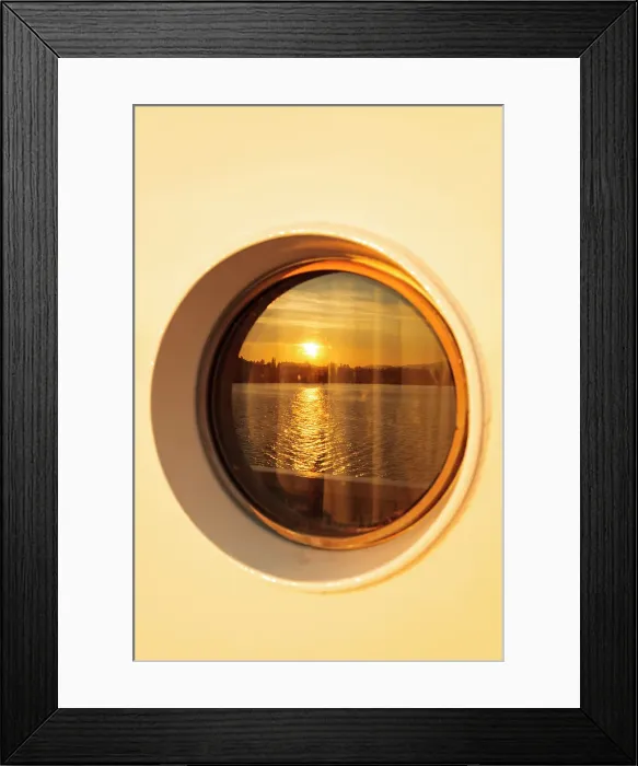 Framed Print : Porthole window view of Bainbridge Island, Washington State, USA
