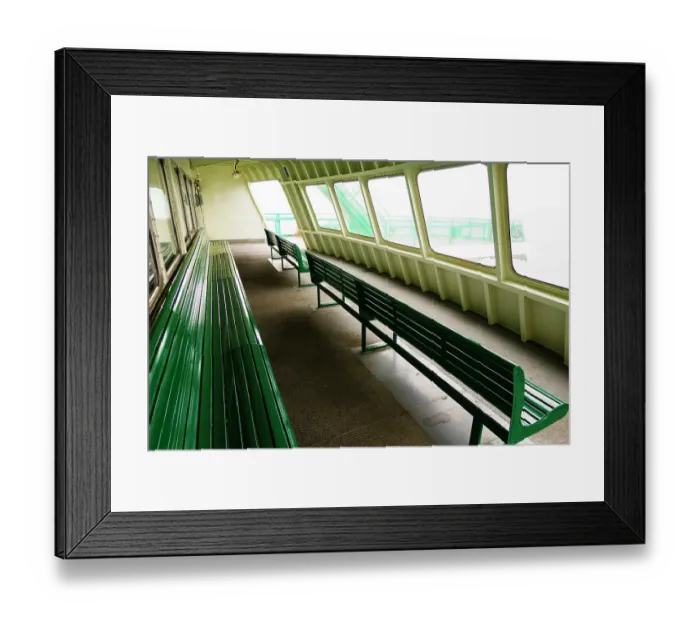 Framed Print : Row of benches and windows, Puget Sound ferry crossing from Edmonds to Kingston, Washington State, USA