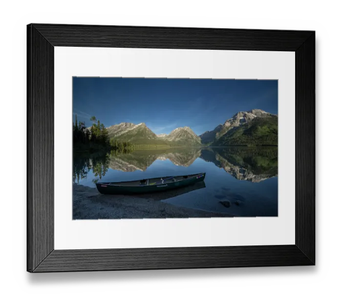 Framed Print : USA, Wyoming. Canoe and Mountains seen from Leigh Lake, Grand Teton National Park Framed Print : USA, Wyoming. Canoe and Mountains seen from Leigh Lake, Grand Teton National Park