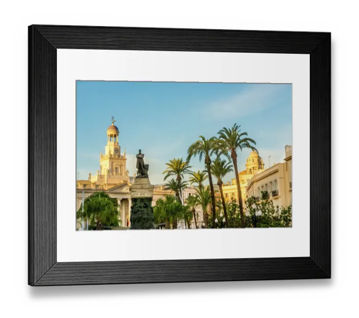 Framed Print : Cadiz City Hall with Monument to Moret, Plaza de Sevilla, Cadiz, Spain