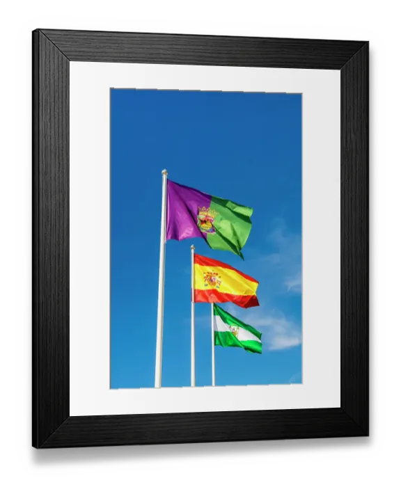 Framed Print : Malaga, Andalusia and national flags at the Alcazaba and Castle of Gibralfaro on Mount Malaga above the old town, Malaga, Spain