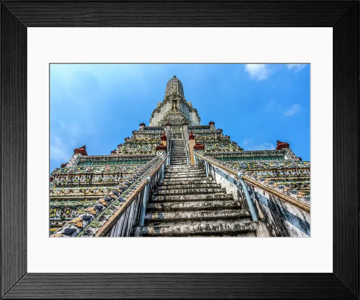 Framed Print : Colorful ceramic elephant stairs, central prang, Wat Arun, Buddhist Temple of Dawn, Bangkok, Thailand. Built in 1600's. One of oldest temples in Thailand Framed Print : Colorful ceramic elephant stairs, central prang, Wat Arun, Buddhist Temple of Dawn, Bangkok, Thailand. Built in 1600's. One of oldest temples in Thailand